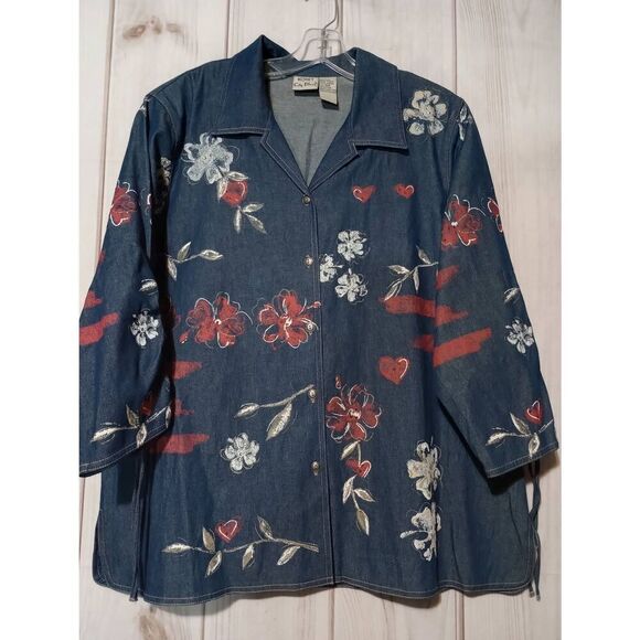 Koret City Blues Shirt Ladies 16W Chambray Button Front Blue Red Hearts Painted - Picture 1 of 7